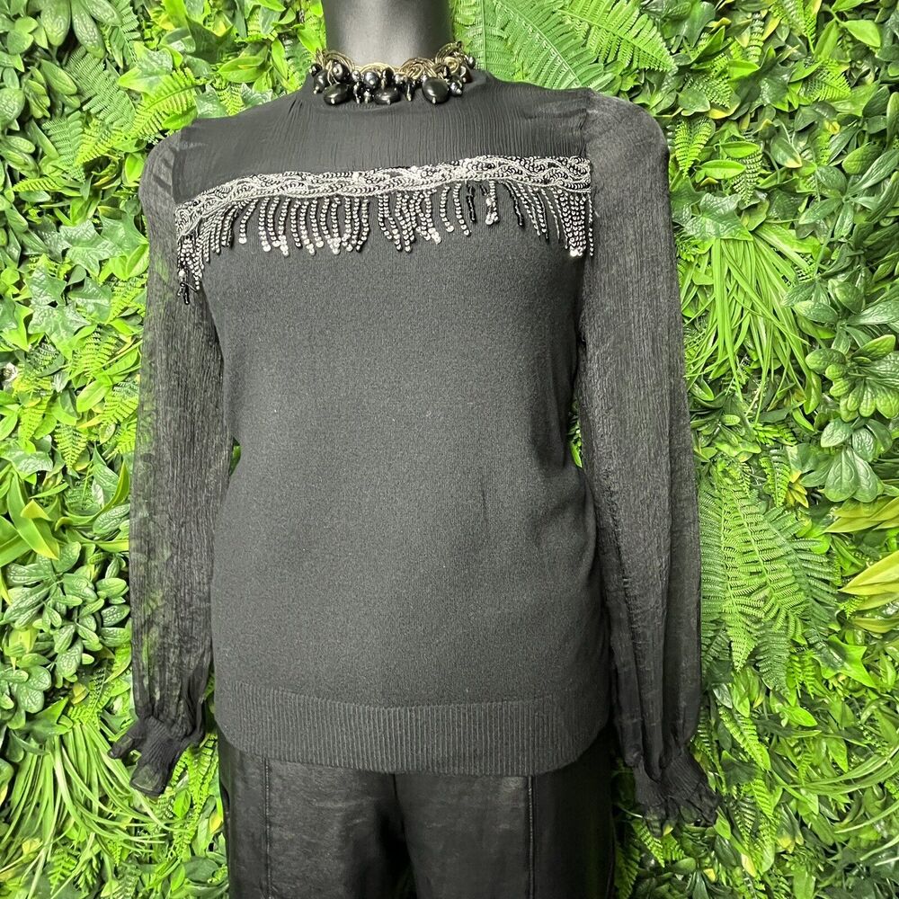 Ontwelfth Tops Women XL Black Sweater Blouse With Sequins Sheer Sleeve‎  0145 - Picture 2 of 13